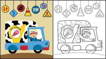 Coloring book of  ice cream seller truck with smiling driver and traffic signs vector
