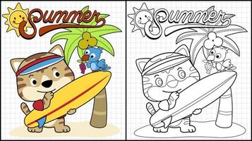 Coloring book of cute cat cartoon with surfboard, little bird carrying grape perch on surfboard, summer element illustrations vector