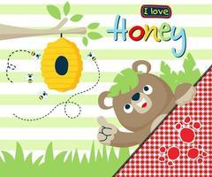Funny bear cartoon with bee hive in forest vector