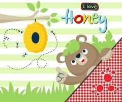 divertido, oso, caricatura, con, abeja, colmena, en, bosque vector