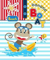 Funny monkey cartoon riding banana with fish in the beach vector