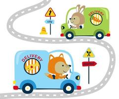 Cute rabbit and fox driving delivery car on street, traffic elements cartoon vector