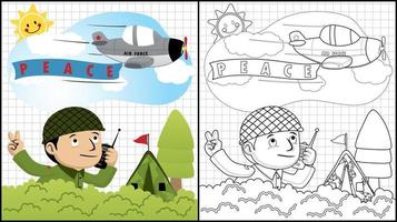 Coloring book of soldier cartoon with walkie talkie, plane fly above him vector