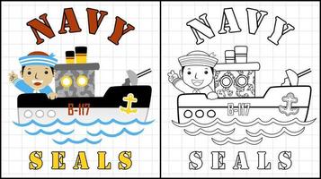 Coloring book of little sailor cartoon on warship vector