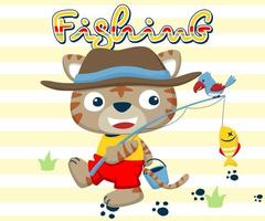 Cat cartoon in fisher costume with a bird back from fishing vector