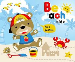 Vector illustration of cute bear cartoon in the beach with marine animals at summer holiday