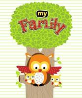 Cartoon of owl with it cubs in the tree vector