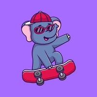 Elefante genial jugando patineta ilustración de iconos de vector de dibujos animados. concepto de caricatura plana. adecuado para cualquier proyecto creativo.