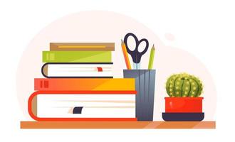 A bookshelf with books and writing materials. A stack of books on a shelf. Vector cartoon illustration.