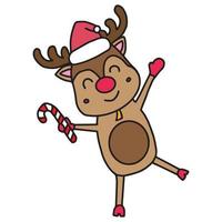 Christmas Reindeer, Rudolph and santa hat cartoon characters - happy feeling. Design for Greeting card of New Year and Christmas. Flat Vector illustration isolate on white background.