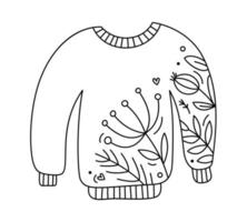 Lindo jersey de Navidad de vector de bebé dibujado a mano. línea imagen de invierno con bayas, textura de ramas. ilustración de esquema de icono de adviento de navidad para bebé de tarjeta de felicitación, diseño web, invitación