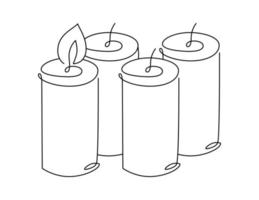 Four hand drawn one line candles vector icon. One candle is burning. Christmas advent illustration for greeting card, web design isolated holiday invitation on white background