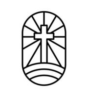 Vector religion line cross on half round earth and rays. Jesus Christ logo icon illustration. Lord on Calvary is center christianity. God forgiveness and love people