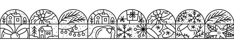 Christmas logo advent Washi tape seamless pattern border snowflake, gift boxes, house, garland, sock and mittens. Hand drawn monoline winter vector constructor for greeting card