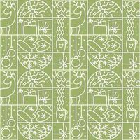 Christmas logo advent seamless pattern snowflake, gift box, house, garland, sock and tree on green background. Hand drawn monoline winter vector constructor for greeting card