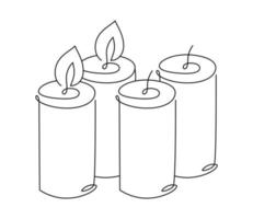 Four hand drawn one line candles vector icon. Two candles are burning. Christmas advent illustration for greeting card, web design isolated holiday invitation on white background