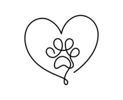 Dog or cat paw footprint and heart in continuous one line drawing logo. Minimal line art. Animal in heart. Pets love concept monoline vector