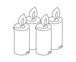 Four hand drawn one line candles vector icon. Four candles are burning. Christmas advent illustration for greeting card, web design isolated holiday invitation on white background