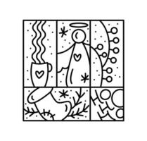 Vector Christmas logo advent composition holly berry, garland, fir tree and snow. Hand drawn monoline winter constructor in square frame for greeting card