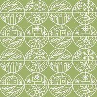 Christmas logo advent seamless pattern snowflake, gift box, house, garland, sock and tree on green background. Hand drawn monoline winter vector constructor for greeting card