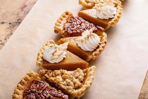 Traditional fall Thanksgiving pie slices, pumpkin and pecan pie photo