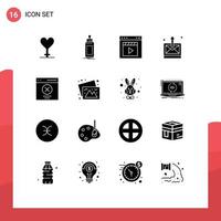 Mobile Interface Solid Glyph Set of 16 Pictograms of communication sent browser mail movie Editable Vector Design Elements