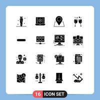 Mobile Interface Solid Glyph Set of 16 Pictograms of delete drink video play love pin Editable Vector Design Elements