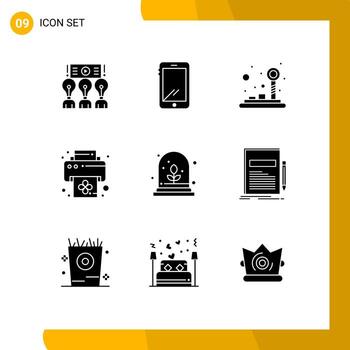 conjunto de 9 glifos sólidos vectoriales en la cuadrícula para elementos de diseño vectorial editables del juego de dispositivo android de impresión de crecimiento experimental vector