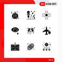 Group of 9 Solid Glyphs Signs and Symbols for insurance party eye wine drink Editable Vector Design Elements