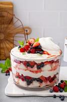 Summer berry trifle with angel food cake in a large bowl photo