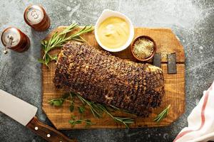 Roasted pork loin with a spice rub and mustard photo