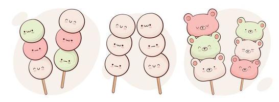 Dibuja la divertida tradición japonesa kawaii dango dulce ilustración vectorial. comida tradicional asiática japonesa, cocina, concepto de menú. estilo de dibujos animados de fideos. vector