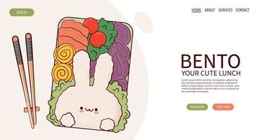 página web dibujar divertido kawaii bento box cocina casera preparación de comida para llevar ilustración vectorial. comida tradicional asiática japonesa, cocina, concepto de menú. banner, sitio web, publicidad en estilo de dibujos animados de garabatos. vector