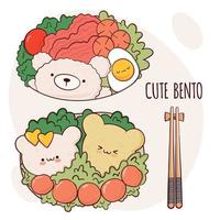 Dibuja una divertida caja bento kawaii para cocinar en casa, preparar comida para llevar, ilustración vectorial. comida tradicional asiática japonesa, cocina, concepto de menú. garabato, caricatura, estilo vector