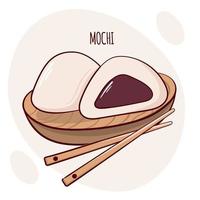 Dibuja la divertida tradición japonesa kawaii dulce mochi ilustración vectorial. comida tradicional asiática japonesa, cocina, concepto de menú. estilo de dibujos animados de fideos. vector