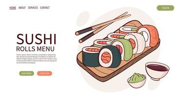 página web dibujar nigiri sushi roll ilustración vectorial. comida tradicional asiática japonesa, cocina, concepto de menú. banner, sitio web, publicidad en estilo de dibujos animados de garabatos.. vector