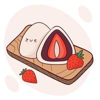 dibuja una linda tradición japonesa kawaii dulce mochi daifuku ilustración vectorial. comida tradicional asiática japonesa, cocina, concepto de menú. estilo de dibujos animados de fideos. vector