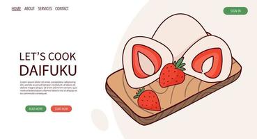 página web dibujar japón tradición dulce mochi daifuku ilustración vectorial. comida tradicional asiática japonesa, cocina, concepto de menú. banner, sitio web, publicidad en estilo de dibujos animados de garabatos. vector