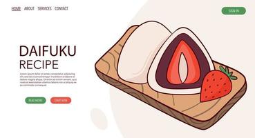 página web dibujar japón tradición dulce mochi daifuku ilustración vectorial. comida tradicional asiática japonesa, cocina, concepto de menú. banner, sitio web, publicidad en estilo de dibujos animados de garabatos. vector