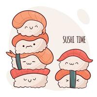 dibujar divertidas ilustraciones vectoriales de kawaii nigiri sushi. comida tradicional asiática japonesa, cocina, concepto de menú. estilo de dibujos animados de fideos. vector