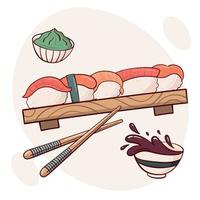 Draw  nigiri  sushi roll vector illustration. Japanese asian traditional  food, cooking, menu concept.  Doodle cartoon style.