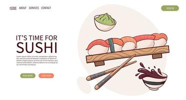 página web dibujar nigiri sushi roll ilustración vectorial. comida tradicional asiática japonesa, cocina, concepto de menú. banner, sitio web, publicidad en estilo de dibujos animados de garabatos.. vector