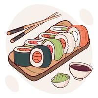 Draw  sushi roll vector illustration. Japanese asian traditional  food, cooking, menu concept.  Doodle cartoon style.