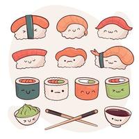 Draw funny kawaii nigiri sushi roll vector illustration. Japanese asian traditional  food, cooking, menu concept.  Doodle cartoon style.
