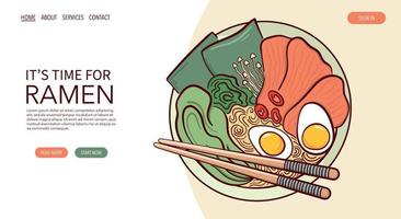 Web Page Draw ramen soup in a bowl vector illustration. Japanese asian traditional food, cooking, menu concept.  Banner, website, advertising in doodle cartoon style..