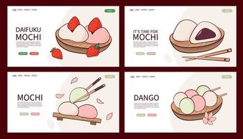 página web japón tradición dulces mochi daifuku dango vector ilustración. comida tradicional asiática japonesa, cocina, concepto de menú. banner, sitio web, publicidad en estilo de dibujos animados de garabatos.