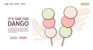 Web Page Draw Japan tradition sweet sanshoku dango three coloured vector illustration. Japanese asian traditional food, cooking, menu concept.  Banner, website, advertising in doodle cartoon style..