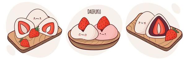 dibuja una linda tradición japonesa kawaii dulce mochi daifuku ilustración vectorial. comida tradicional asiática japonesa, cocina, concepto de menú. estilo de dibujos animados de fideos. vector