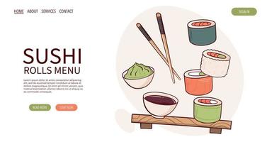 página web dibujar nigiri sushi roll ilustración vectorial. comida tradicional asiática japonesa, cocina, concepto de menú. banner, sitio web, publicidad en estilo de dibujos animados de garabatos.. vector