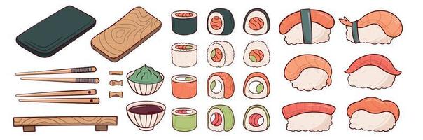 Draw big bundle set sushi roll nigiri with chopsticks vector illustration. Japanese asian traditional  food, cooking, menu concept.  Doodle cartoon style.